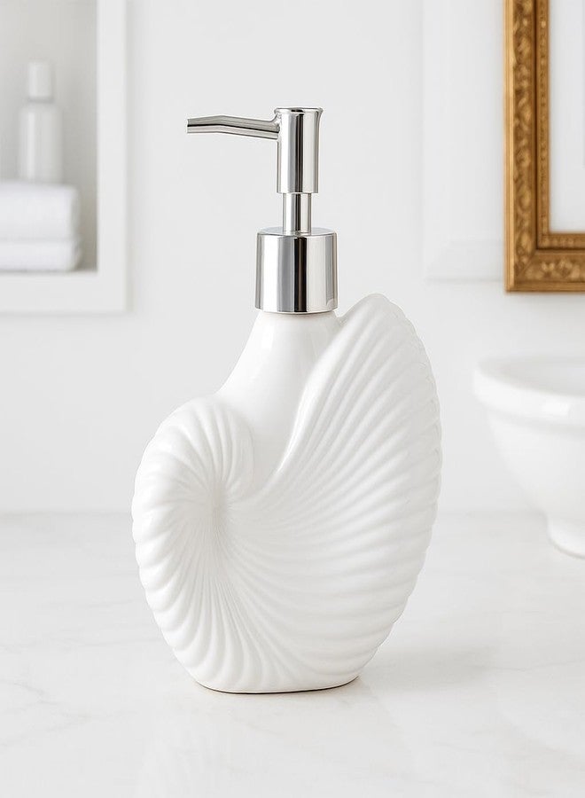 Whizzo Ceramic Shell Shaped Liquid Soap Dispenser with Chrome Pump | Elegant Bathroom & Kitchen Accessory | White Glossy Finish | Refillable Handwash Lotion Bottle (420ML, LD-212, Design4) - Image 2